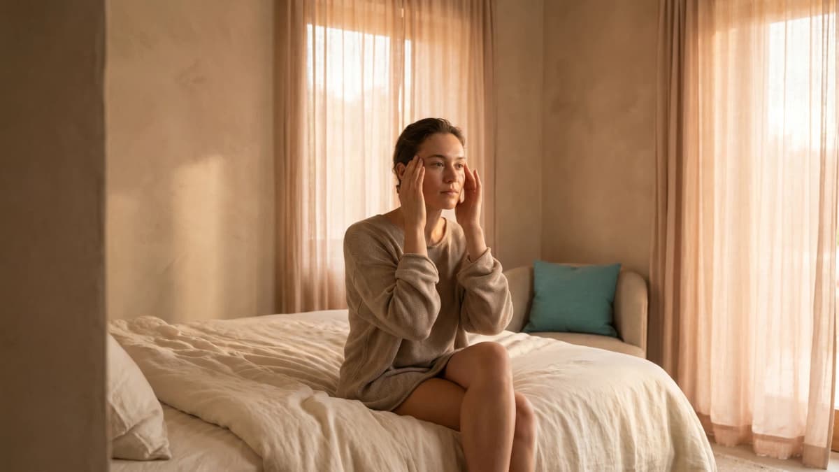 Mujer al despertar presionando las sienes en luz matinal cálida — Dolor de cabeza y bruxismo