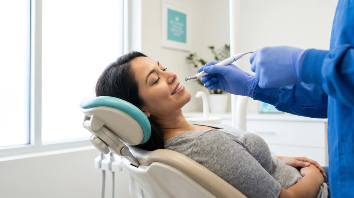 Paciente relajada en el sillón durante un tratamiento con láser dental, sin miedo