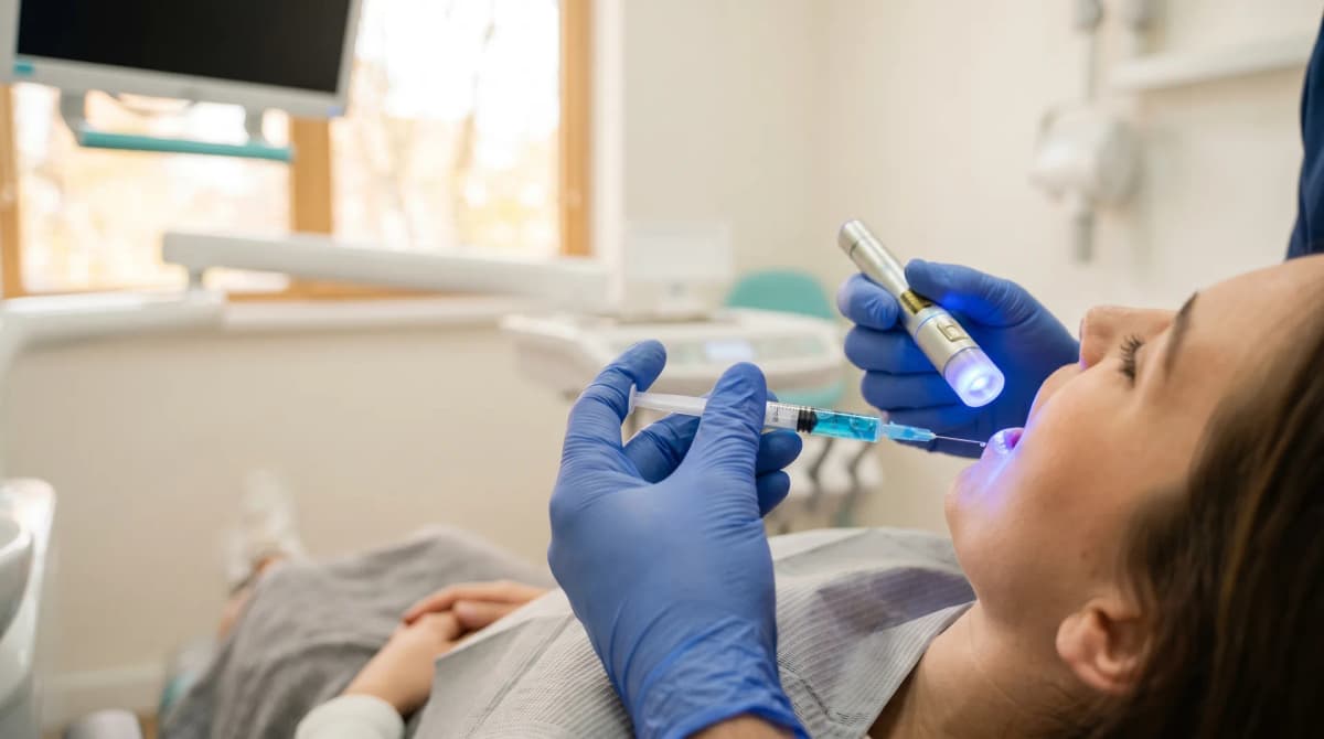 Terapia fotodinámica con láser: aplicación de fotosensibilizador y luz azul